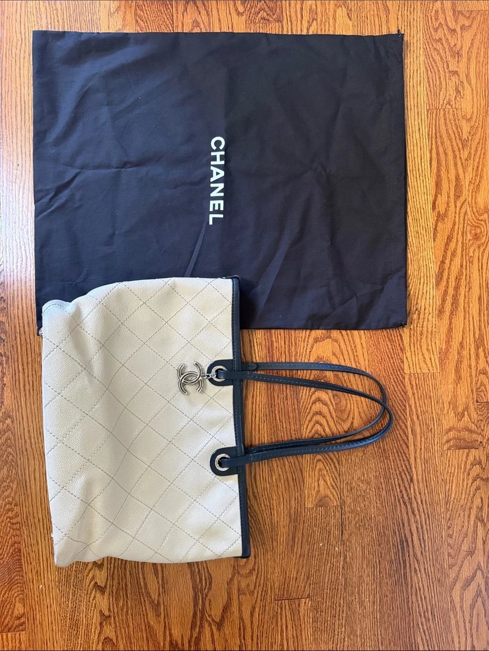 CHANEL Beige Quilted Tote with Black Trim and Double Straps - Picture 1 of 11